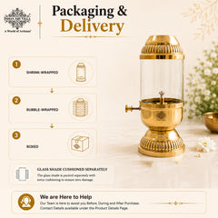 Brass Akhand Diya Oil Lamp with Glass Chimney & Wick