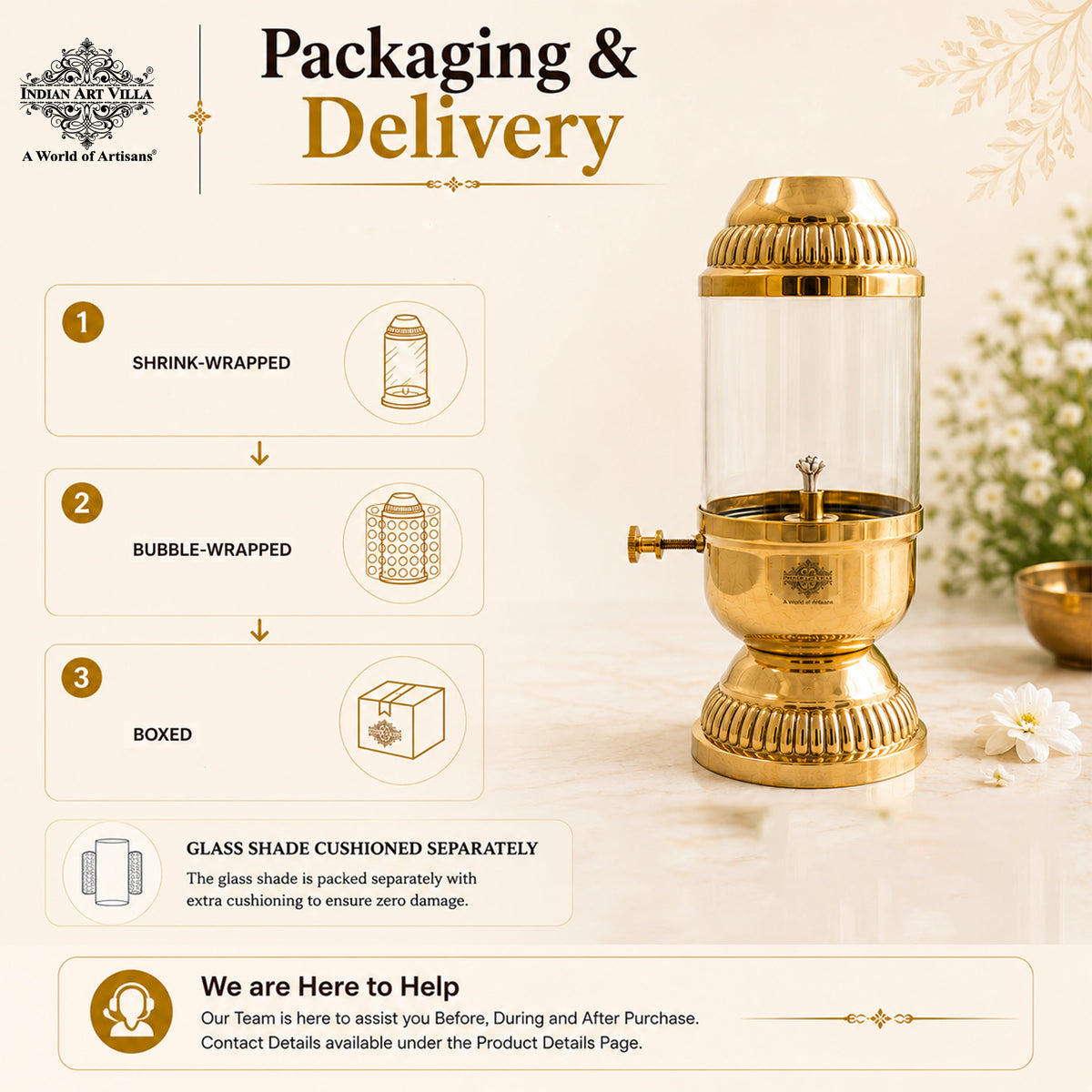 Brass Akhand Diya Oil Lamp with Glass Chimney & Wick