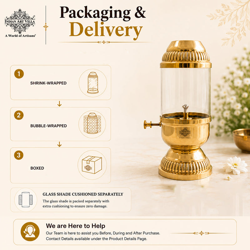 Brass Akhand Diya Oil Lamp with Glass Chimney & Wick