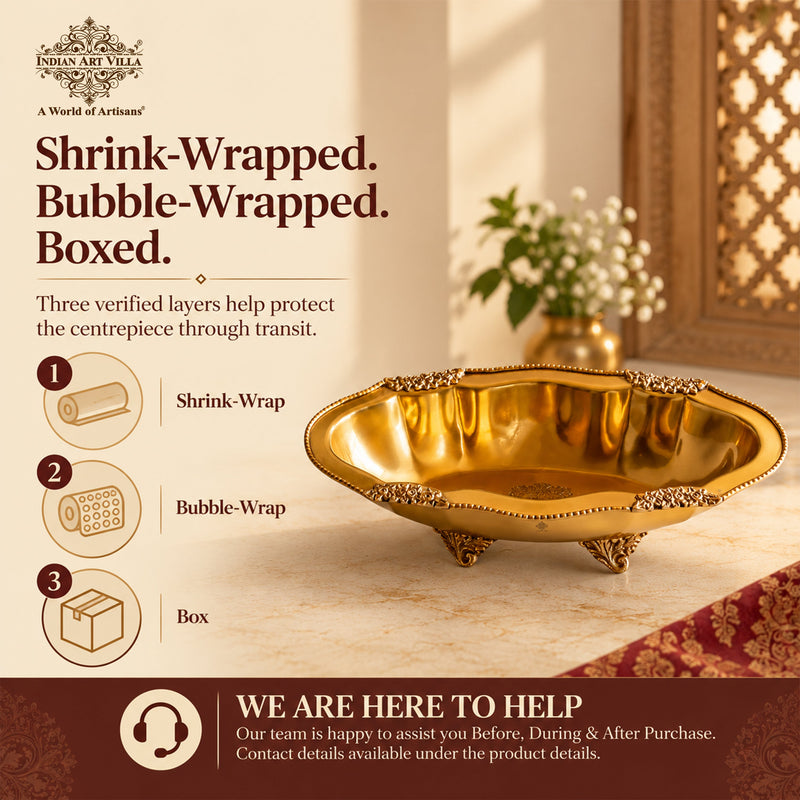 Pure Brass Oval Tray With Antique Floral Design For Home Décor - 31.75 cm