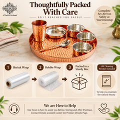 7-Piece Copper Dinner Set, Hammered Thali, 3 Katori, Plate, Glass & Spoon
