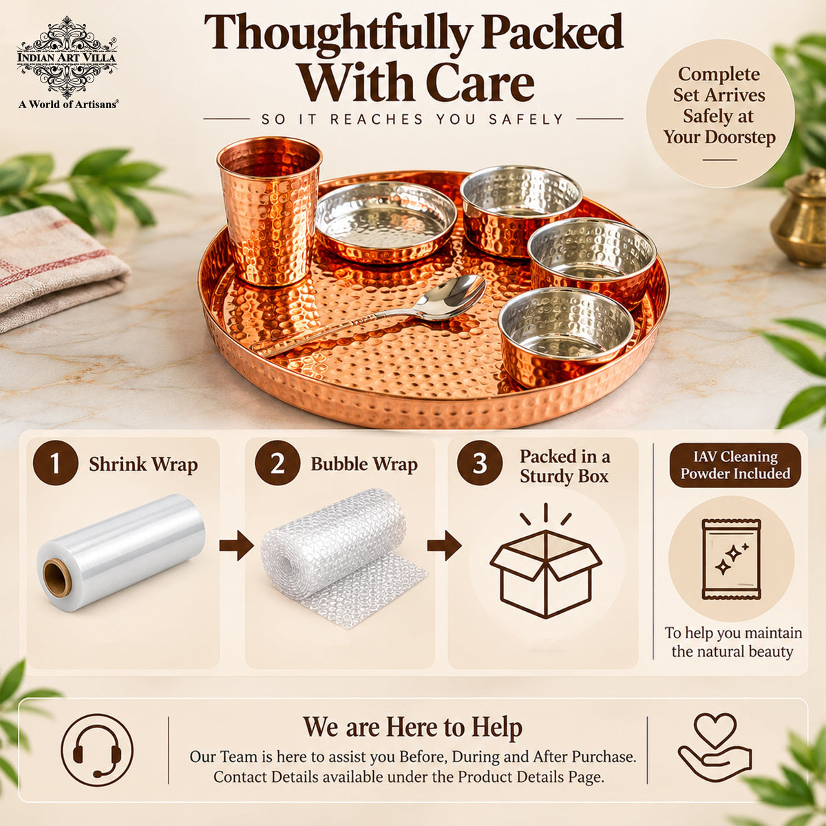 7-Piece Copper Dinner Set, Hammered Thali, 3 Katori, Plate, Glass & Spoon