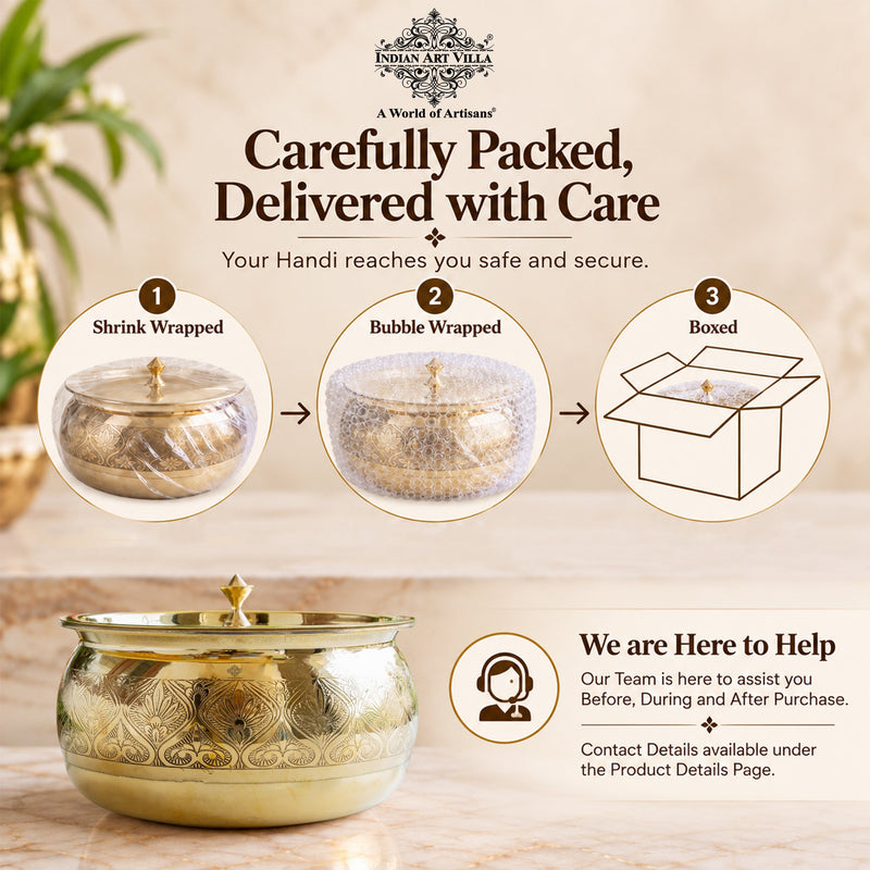 Brass Embossed Handi with Brass Lid & Knob, Tin Lined