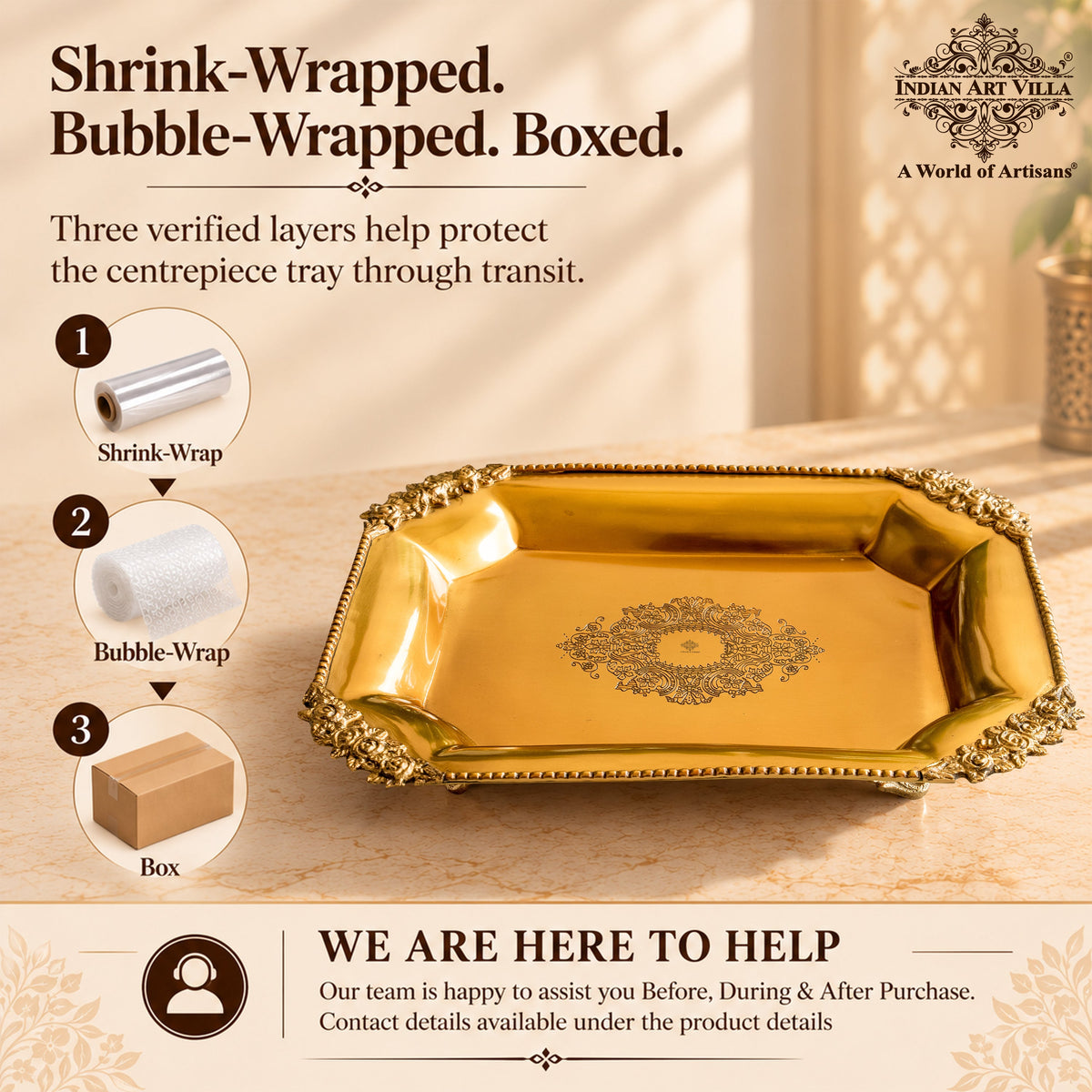Pure Brass Rectangular Tray with Rose Corner Design