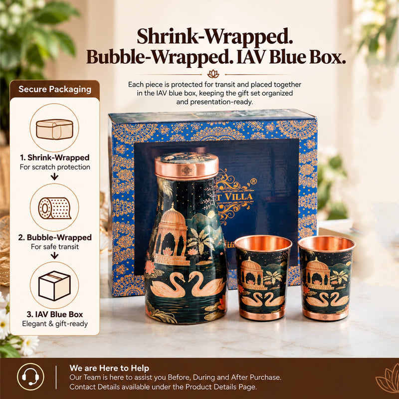 Copper Kalakriti Bedroom Bottle with 2 Glasses Gift Set - 950ML