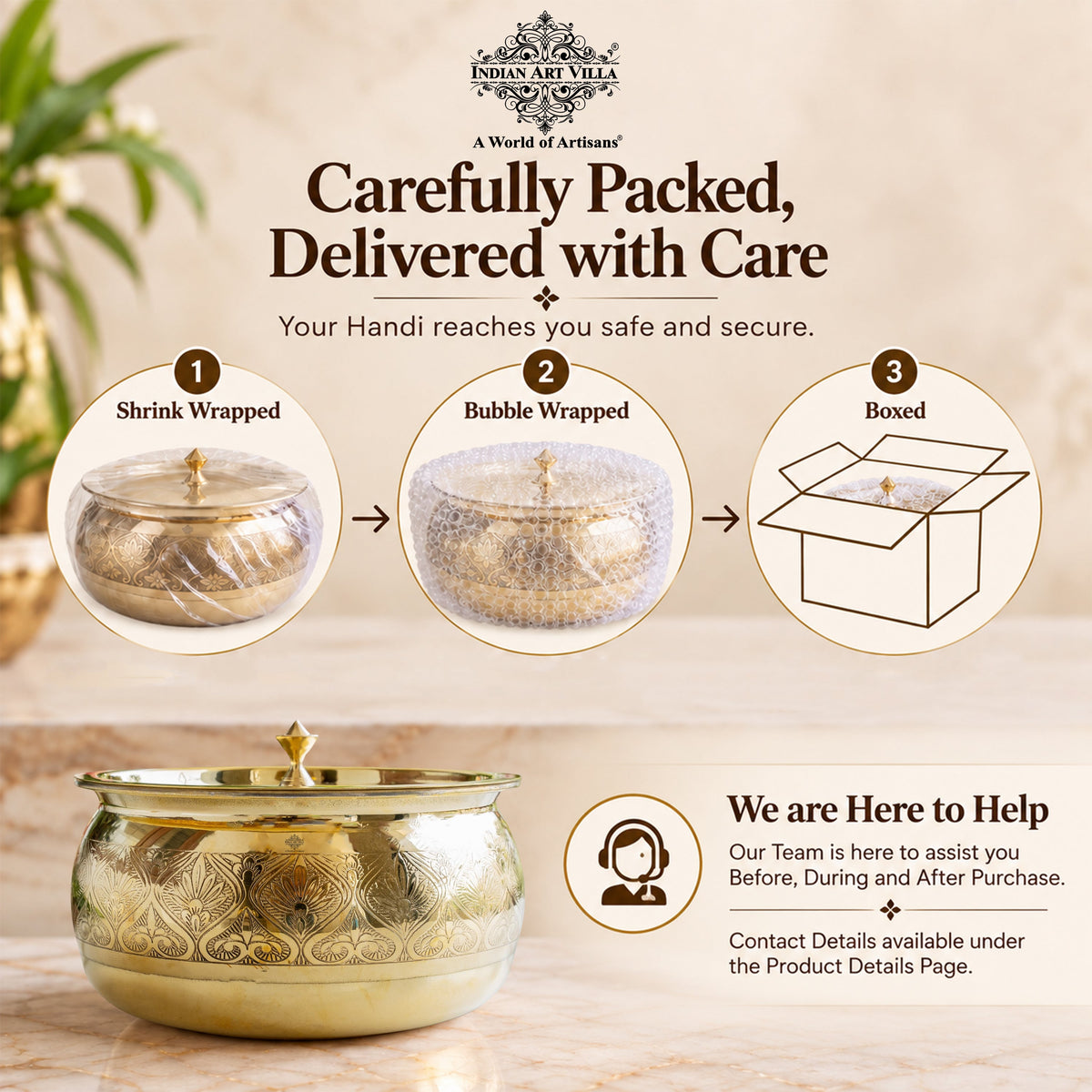 Brass Embossed Handi with Brass Lid & Knob, Tin Lined