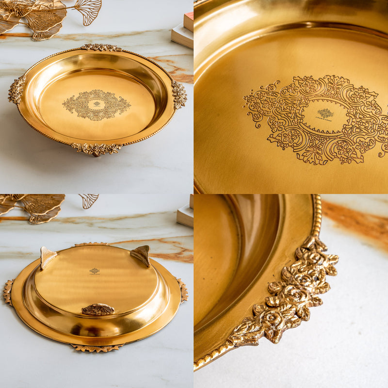 Pure Brass Round Tray with Rose Border For Home Décor