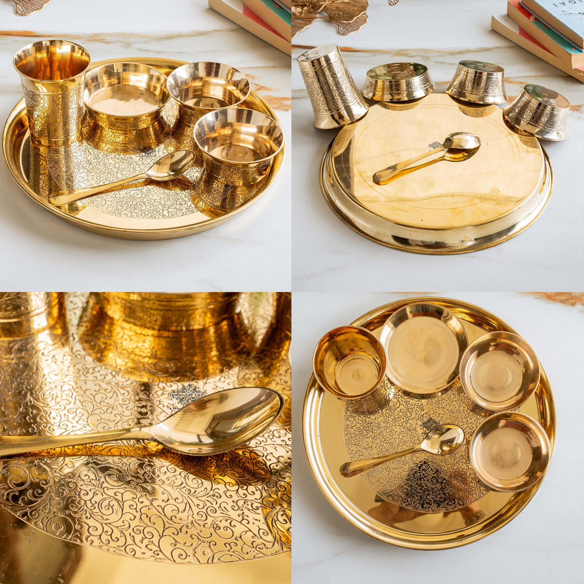 Solid Brass Dinner Set 6Pc - Thali, 2 Bowls, Plate, Spoon, Glass