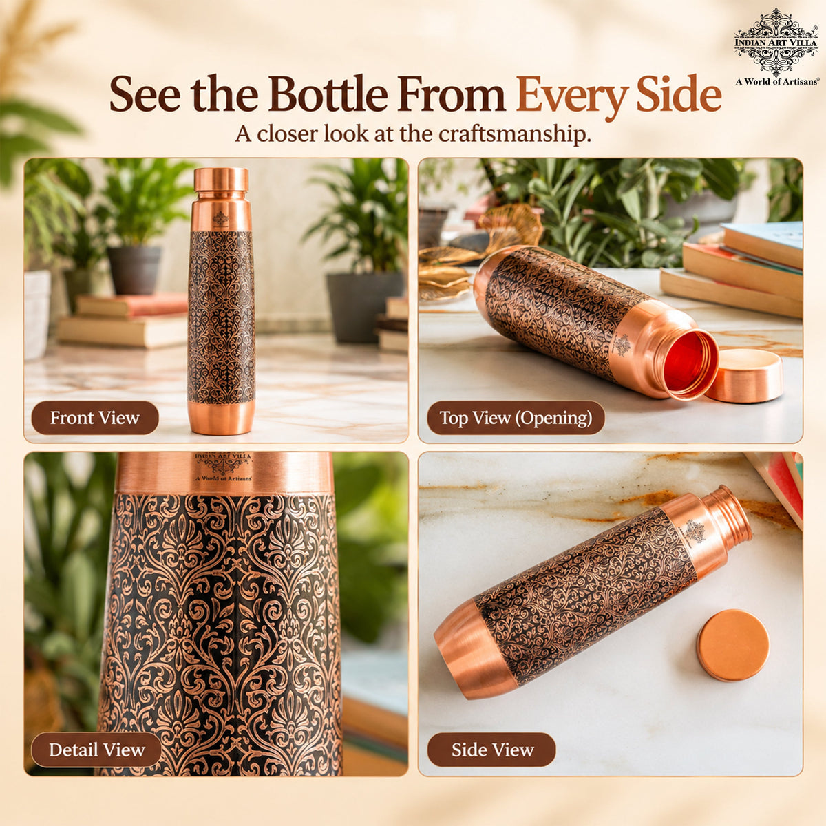 Copper Bottle With Antique Embossed Design - 800ML