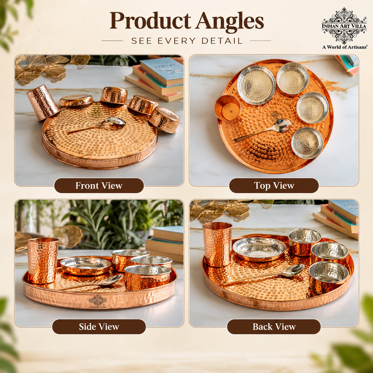 7-Piece Copper Dinner Set, Hammered Thali, 3 Katori, Plate, Glass & Spoon