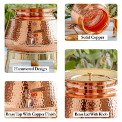 Pure Copper Water Dispenser Matka with Lid & Stand | Hammered Design 6500 ML