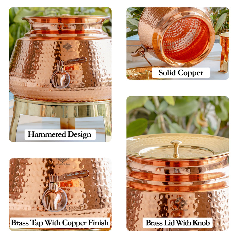 Pure Copper Water Dispenser Matka with Lid & Stand | Hammered Design 6500 ML