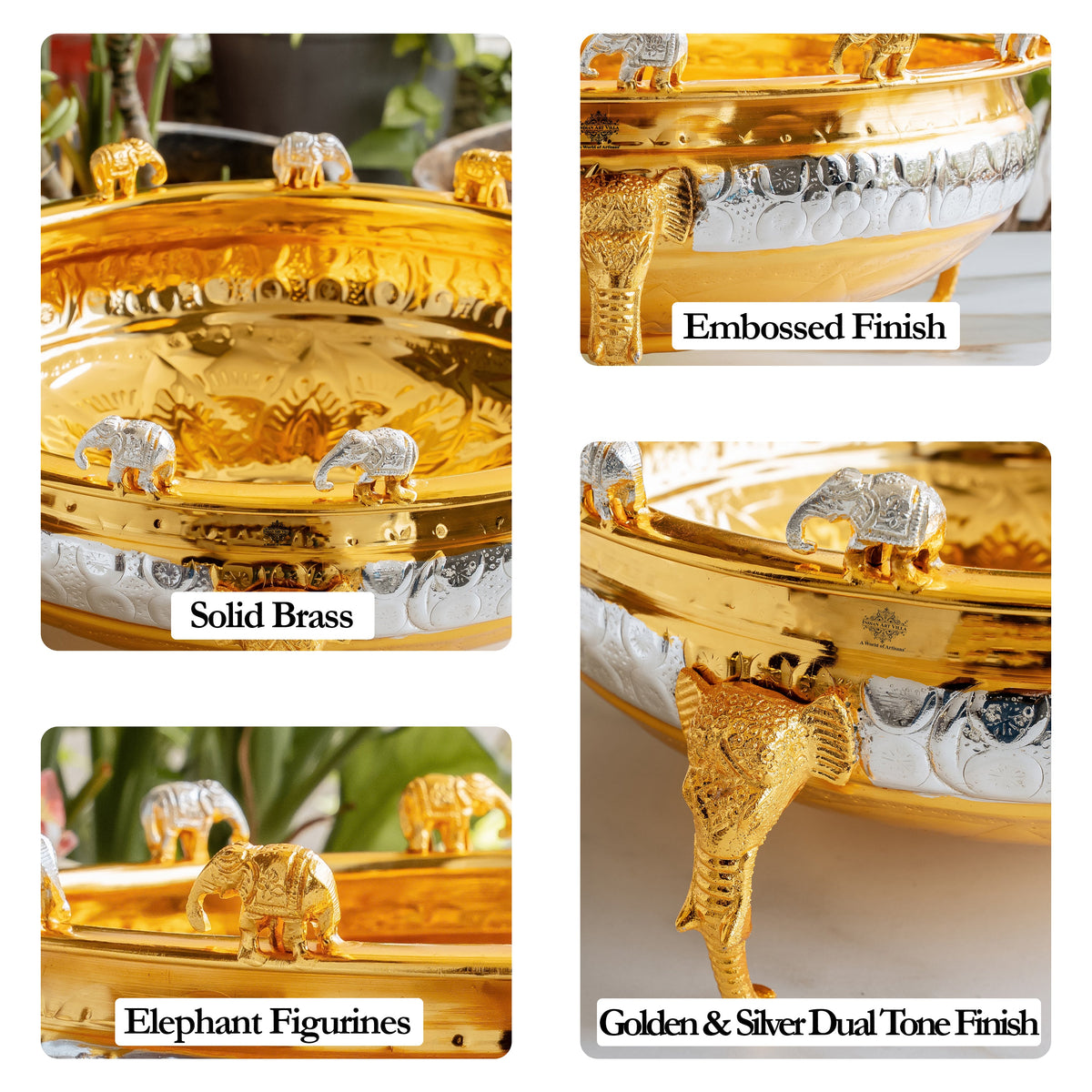Gold and Sliver Two-Tone Brass Urli with Elephant Design Legs - 7400 ML