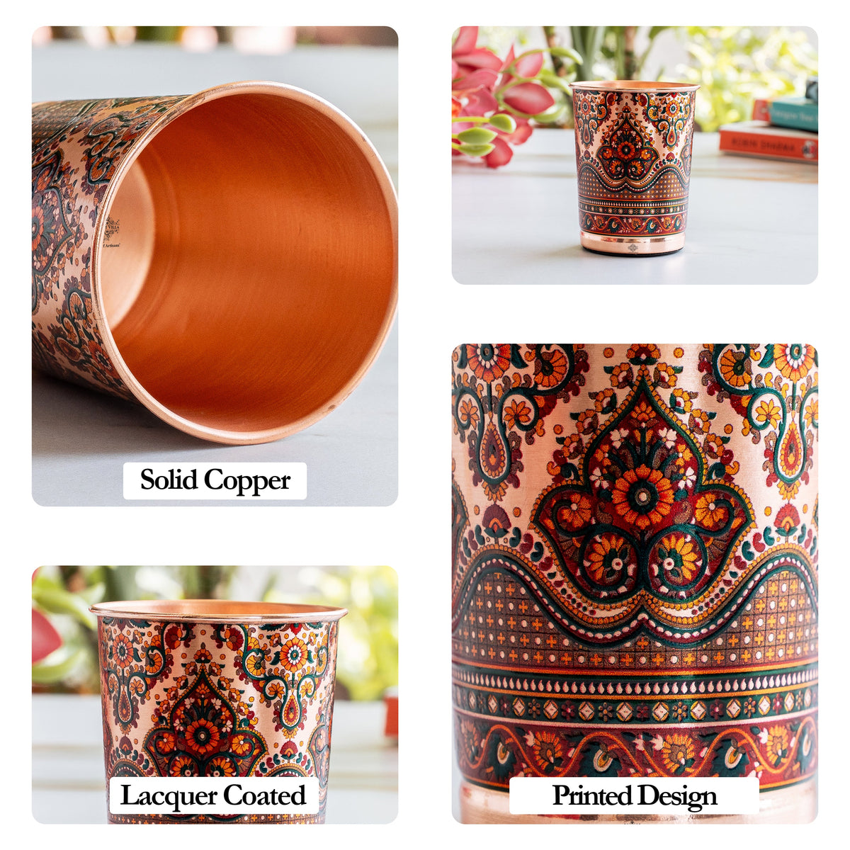 Pure Copper Kalakriti Print Glass for Daily Use, Home & Gifting - 270 ML