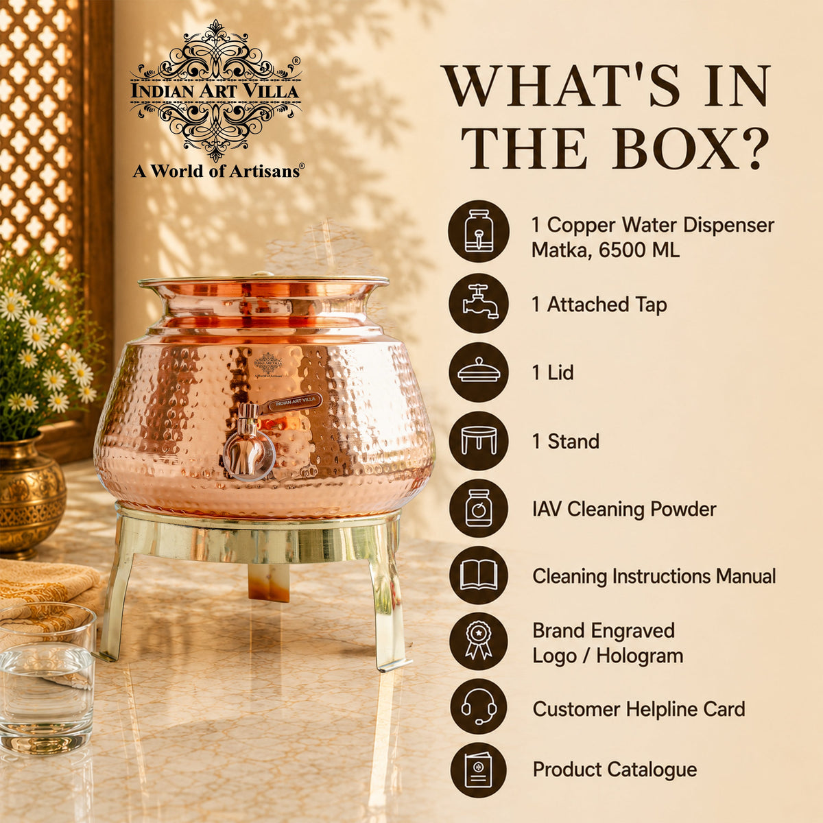 Pure Copper Water Dispenser Matka with Lid & Stand | Hammered Design 6500 ML