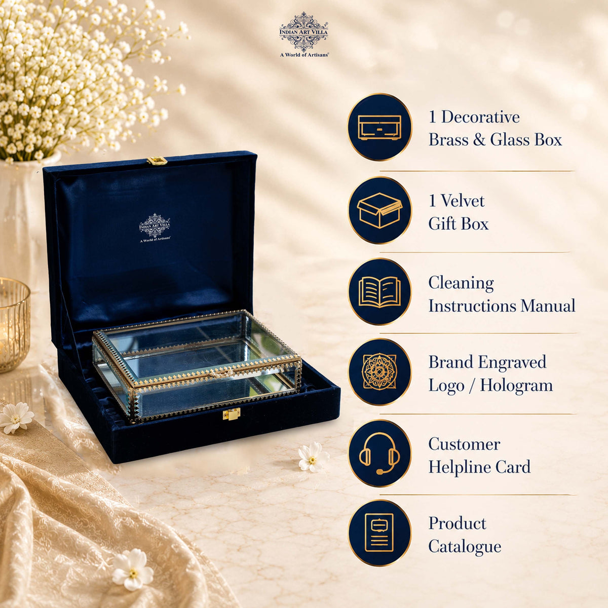Brass & Glass Decorative Box with Embossed Shine Finish