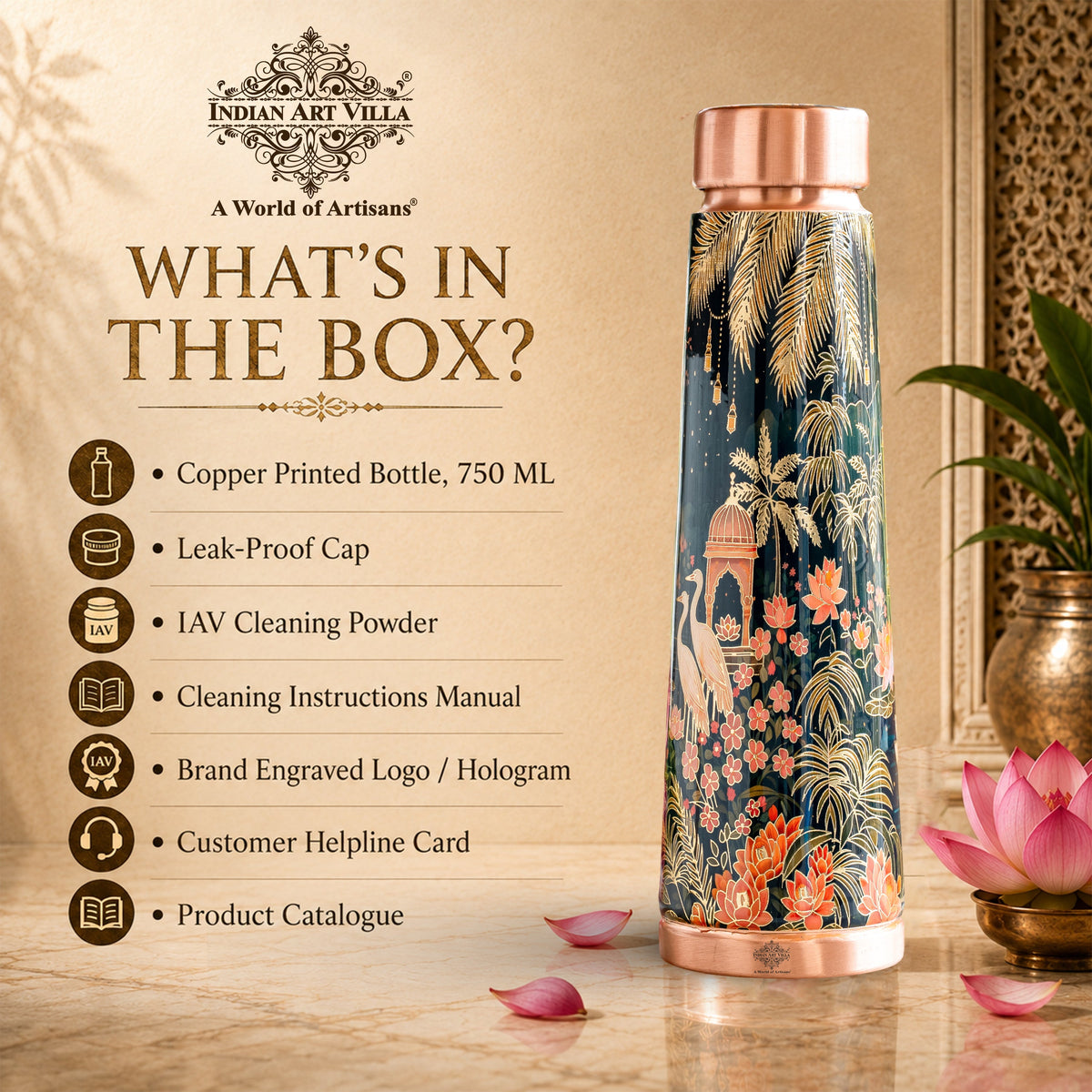 Pure Copper Kalakriti Printed Water Bottle for Daily Use - 750 ML