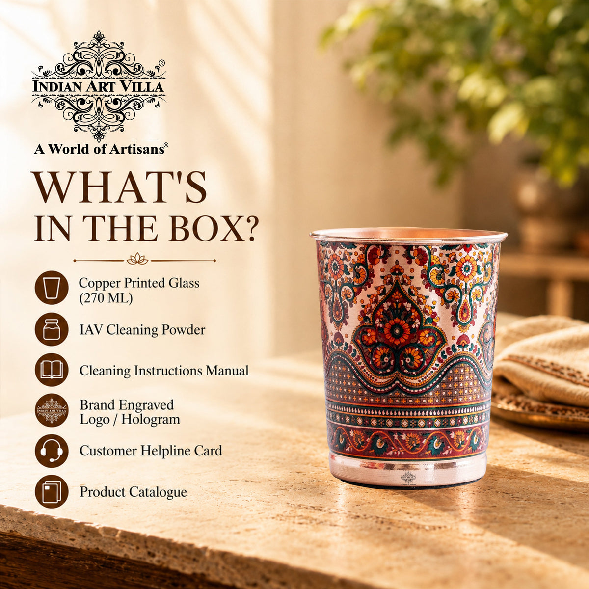 Pure Copper Kalakriti Print Glass for Daily Use, Home & Gifting - 270 ML