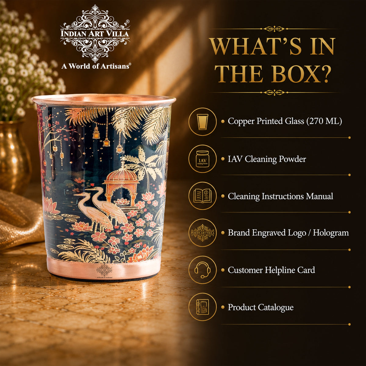 Pure Copper Kalakriti Print Glass - 270 ML