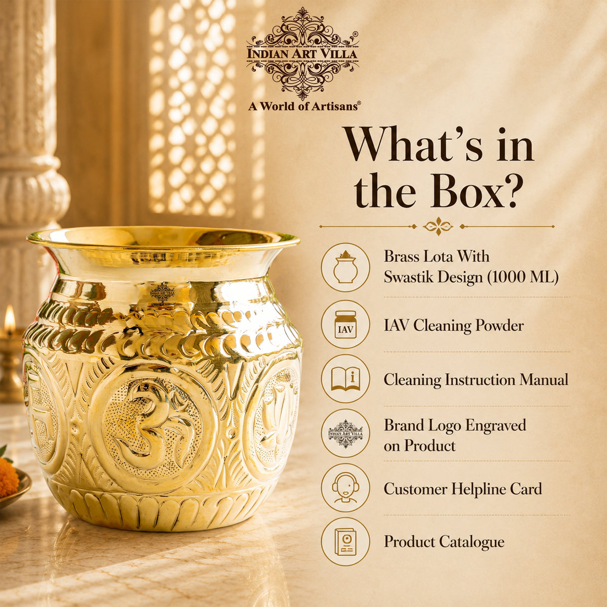 Pure Brass Lota with Swastik & Om Design for Pooja - 1000 ML