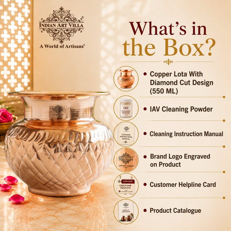 Pure Copper Lota with Diamond Cut Design For Pooja - 550 ML
