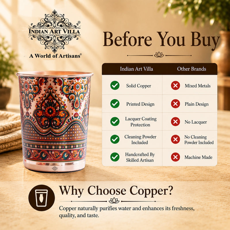Pure Copper Kalakriti Print Glass for Daily Use, Home & Gifting - 270 ML