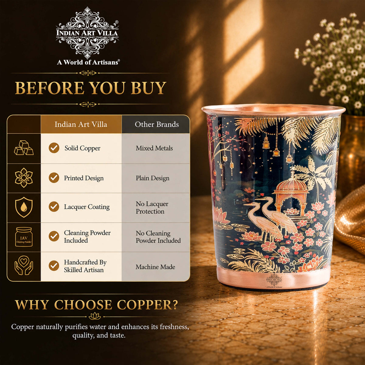 Pure Copper Kalakriti Print Glass - 270 ML