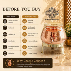 Pure Copper Water Dispenser Matka with Lid & Stand | Hammered Design 6500 ML