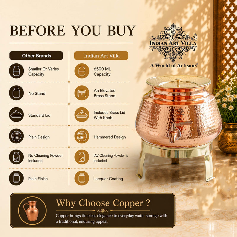 Pure Copper Water Dispenser Matka with Lid & Stand | Hammered Design 6500 ML