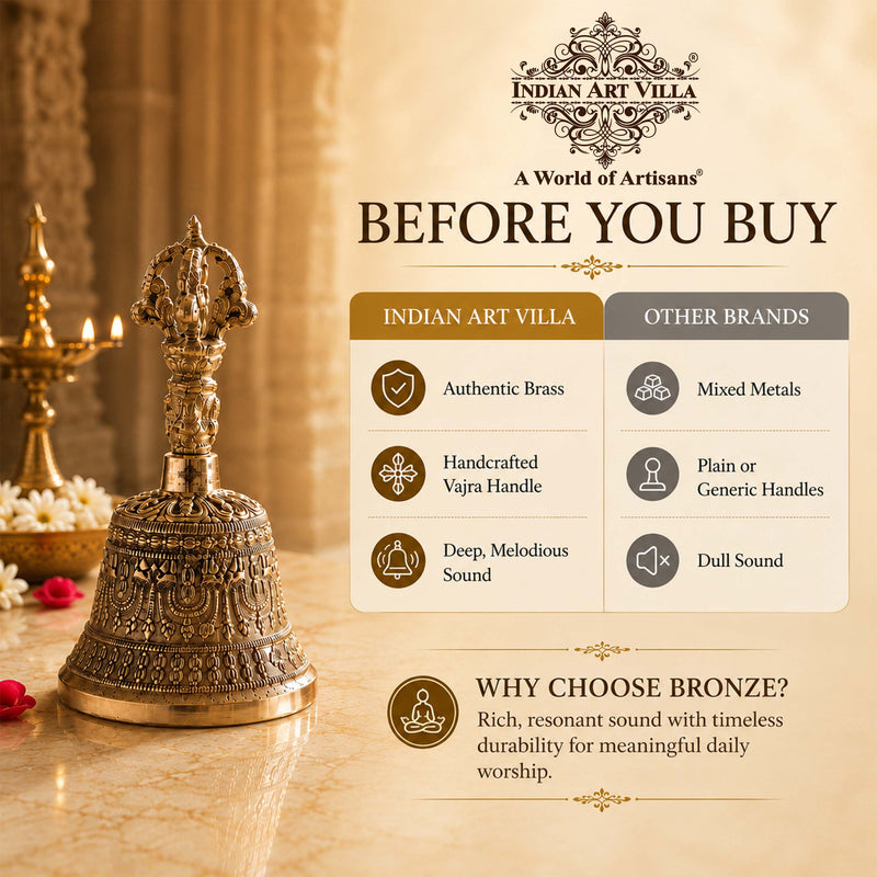 Brass Pooja Bell with Embossed Design and Traditional Vajra Handle
