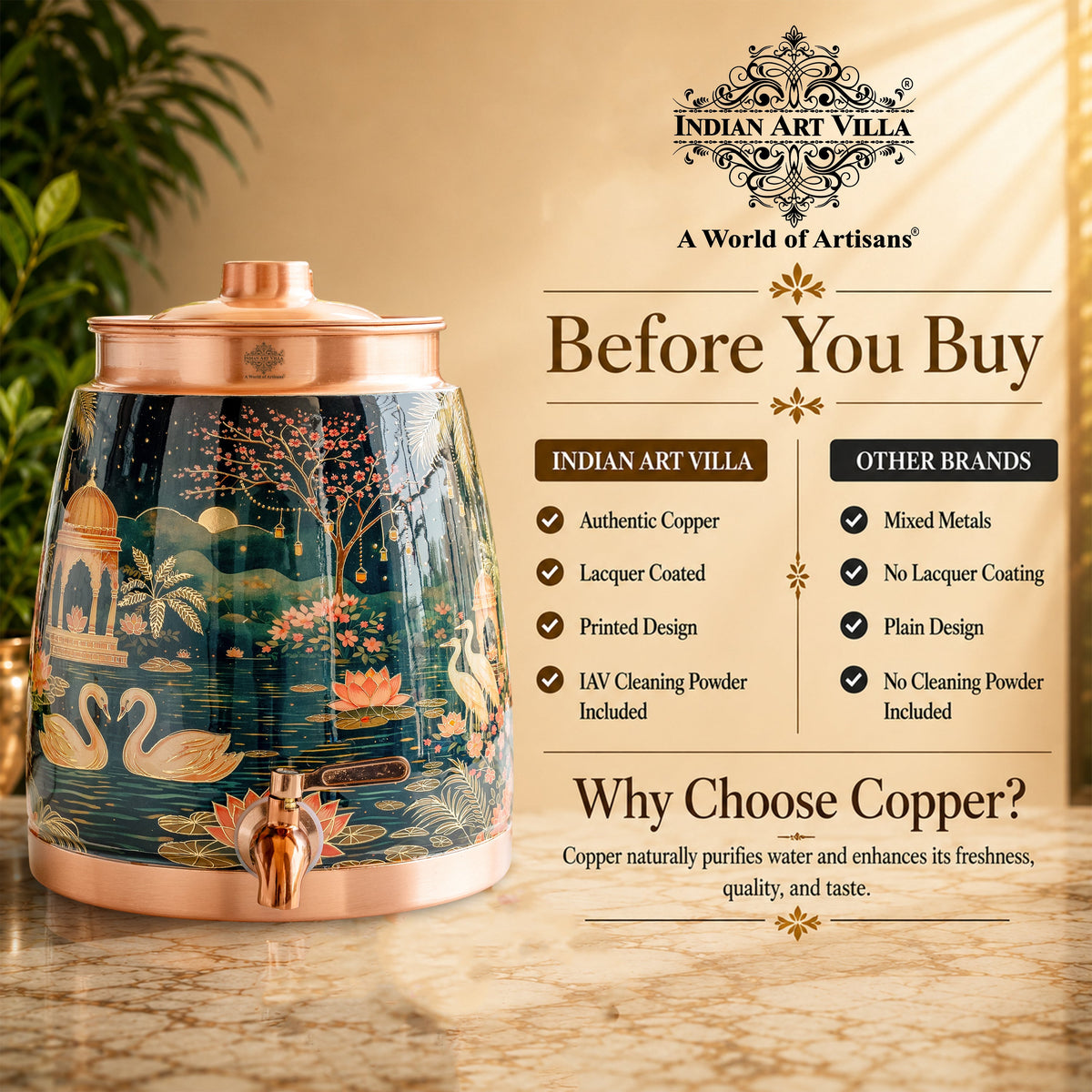 Pure Copper Water Pot with Kalakriti Printed Design - 7100 ML