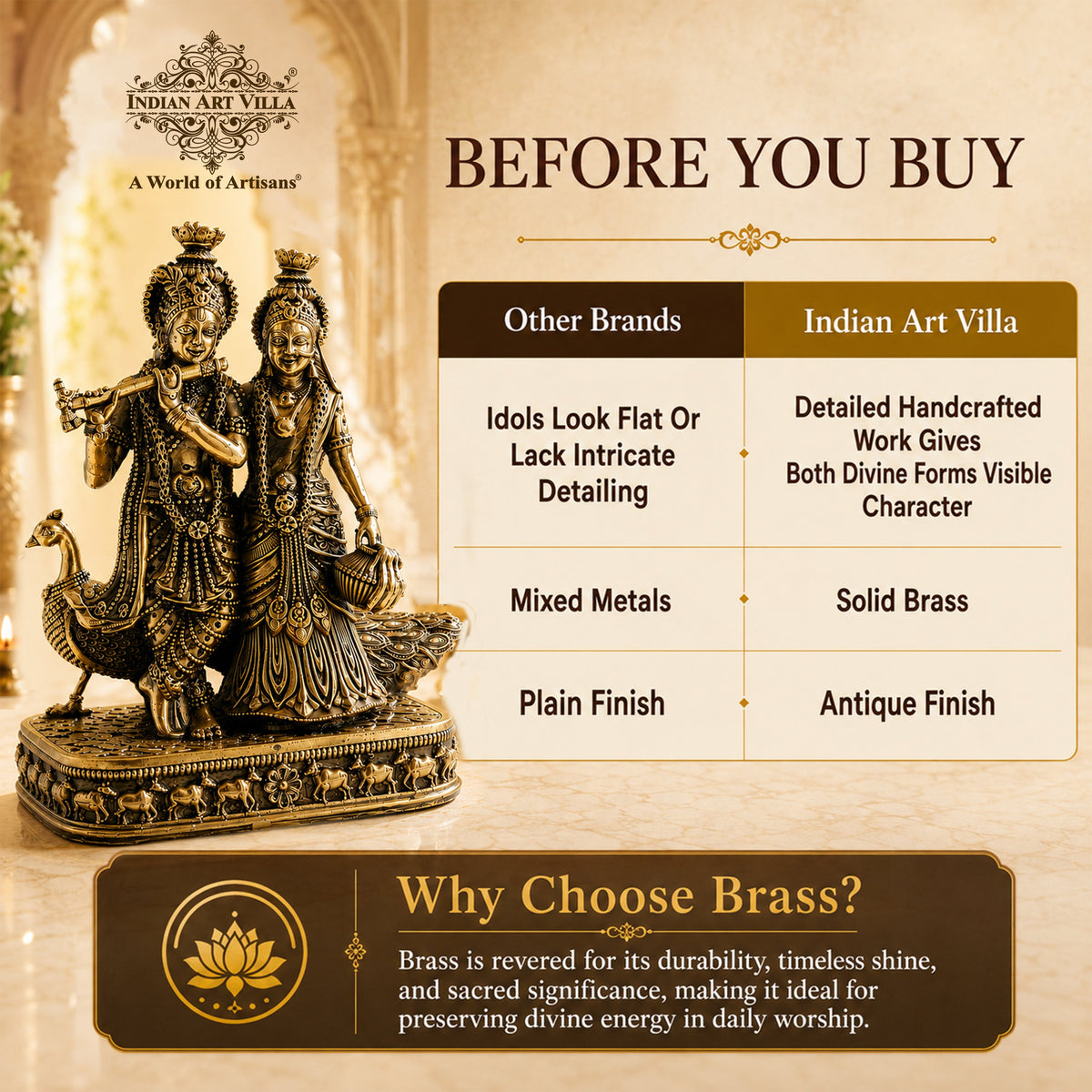 Brass Antique Finish Radha Krishna Standing Idol with Peacock & Cow - 20.32 cm