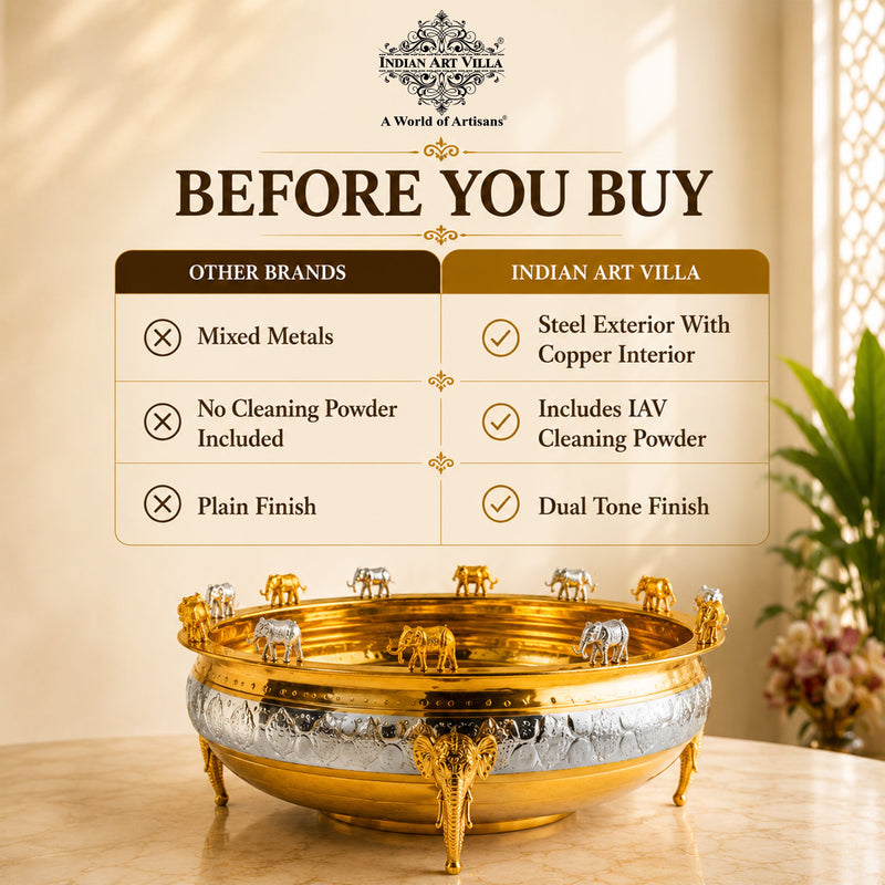 Gold and Sliver Two-Tone Brass Urli with Elephant Design Legs - 7400 ML