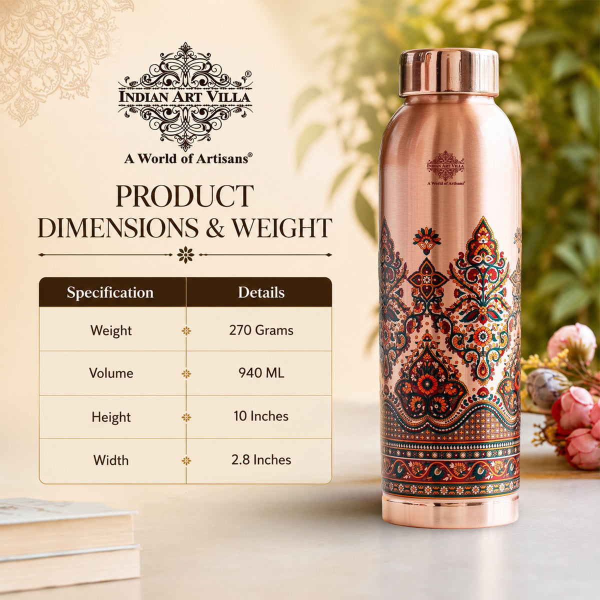 Pure Copper Kalakriti Madhubani Printed Bottle – 940 ML