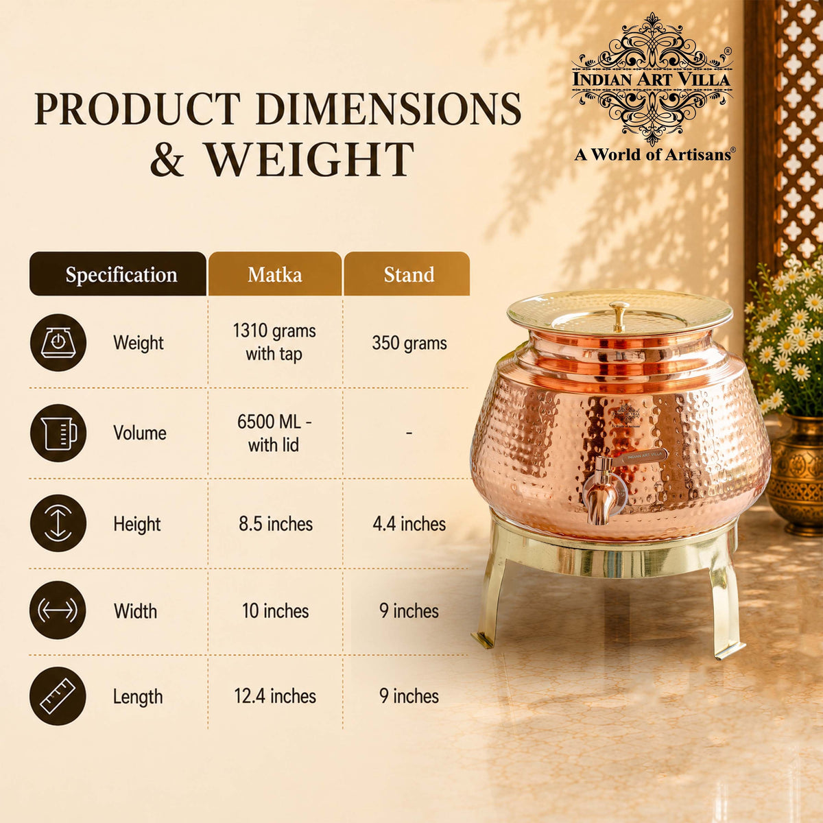 Pure Copper Water Dispenser Matka with Lid & Stand | Hammered Design 6500 ML