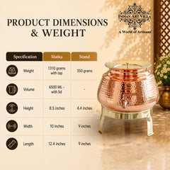 Pure Copper Water Dispenser Matka with Lid & Stand | Hammered Design 6500 ML