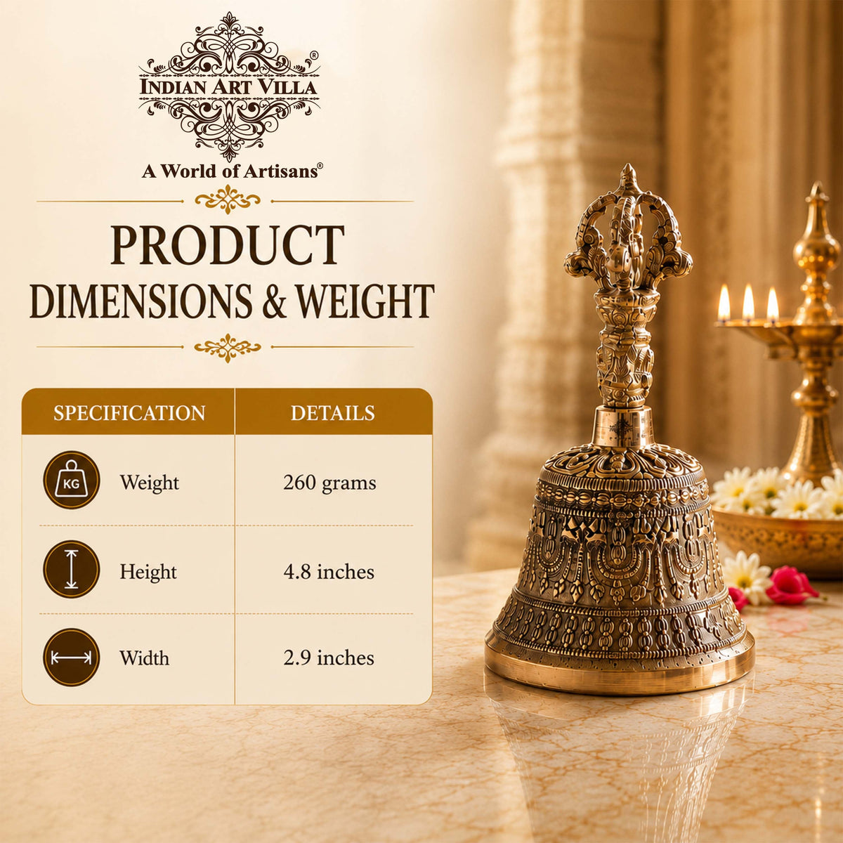 Brass Pooja Bell with Embossed Design and Traditional Vajra Handle