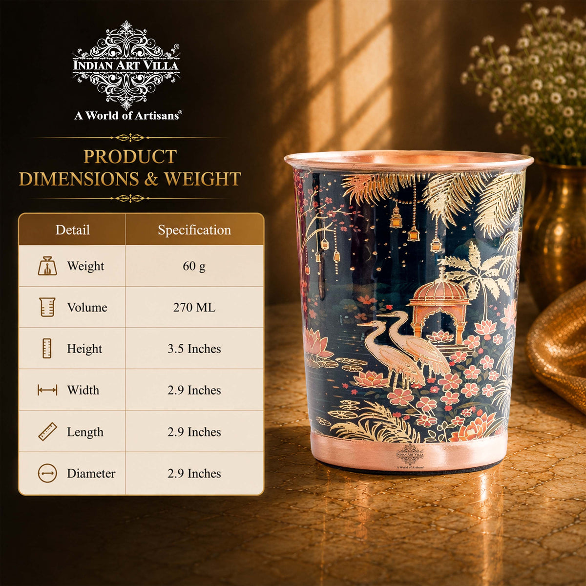Pure Copper Kalakriti Print Glass - 270 ML