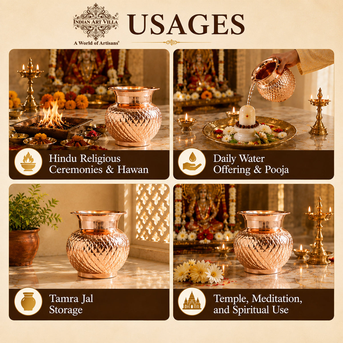 Pure Copper Lota with Diamond Cut Design For Pooja - 550 ML