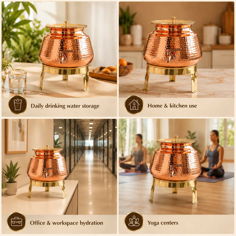 Pure Copper Water Dispenser Matka with Lid & Stand | Hammered Design 6500 ML
