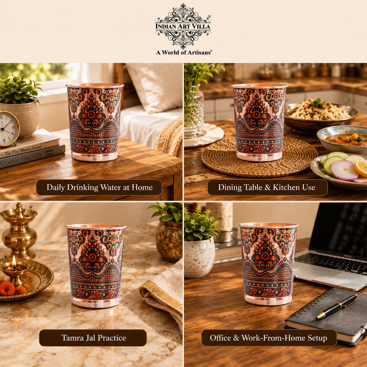 Pure Copper Kalakriti Print Glass for Daily Use, Home & Gifting - 270 ML