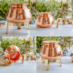 Pure Copper Water Dispenser Matka with Lid & Stand | Hammered Design 6500 ML
