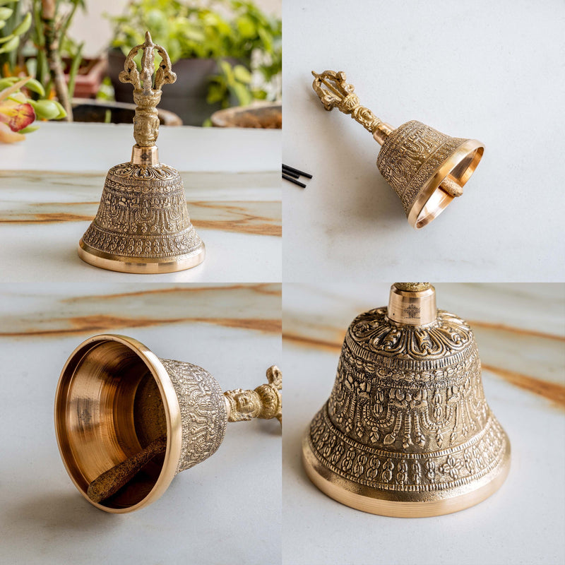 Brass Pooja Bell with Embossed Design and Traditional Vajra Handle