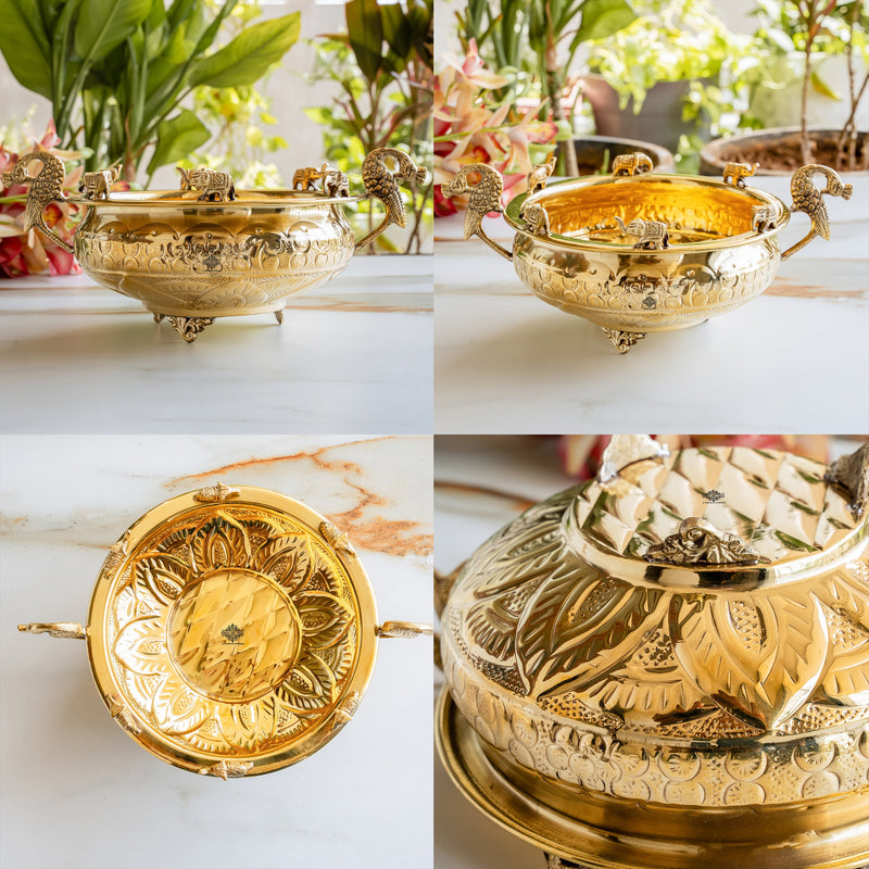 Handmade Pure Brass Urli with Elephant Figurines & Peacock Handles
