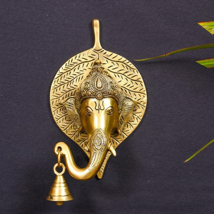 Brass Ganesha Bell On Leaf Wall Hanging (7.5 Inch)
