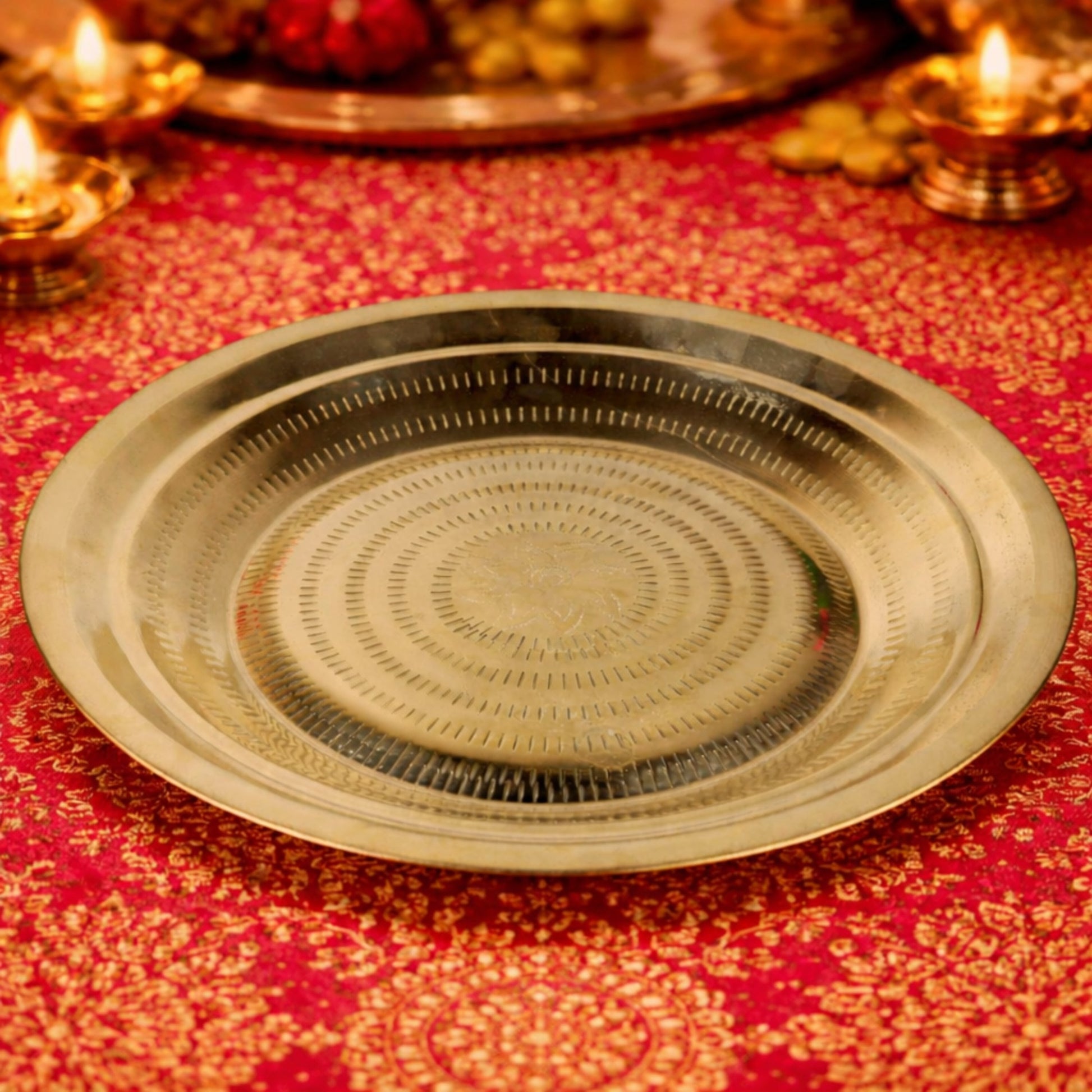Brass Pooja Thali, Peetal Aarti Plate, Handcrafted Traditional Pital Puja Thambalam for Hindu Rituals, Temple & Home Worship, Gold, 2 Inch, 1 Piece
