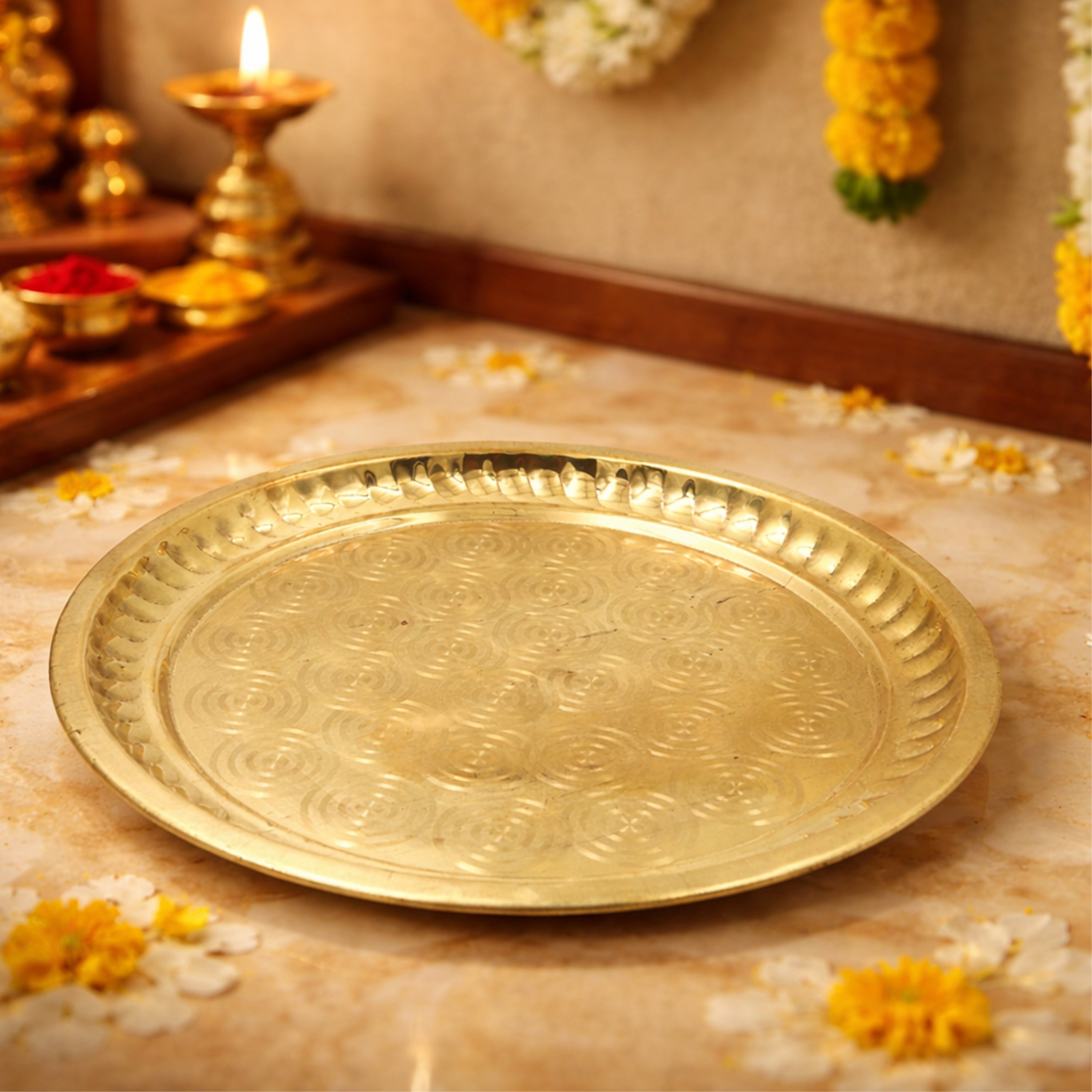 Brass Pooja Thali, Peetal Pooja Plate, Aarti Thali, Hittale Pooja Taali, Brass Thambalam, Traditional Puja Plate for Home Temple, Mandir, Diwali, Navratri, Lakshmi Ganesh Pooja Ritual Thali (26 cm), Gold, 10 Inch, 1 Piece