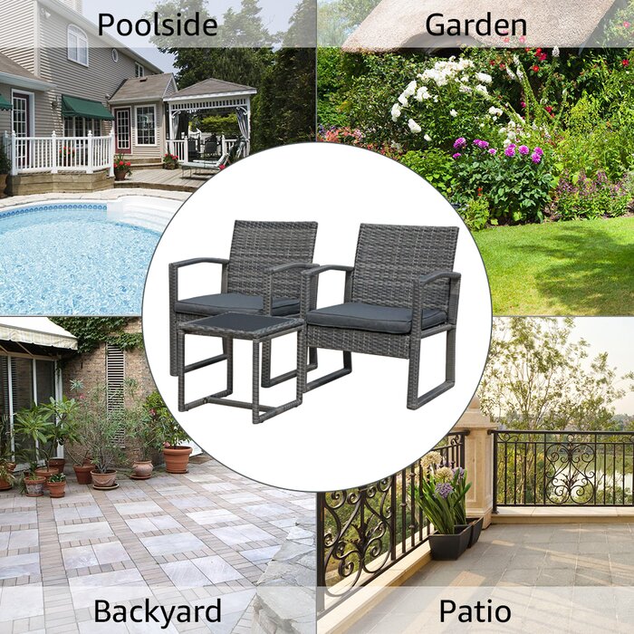 Babun Outdoor Patio Seating Set 2 Chairs and 1 Table Set (Grey)