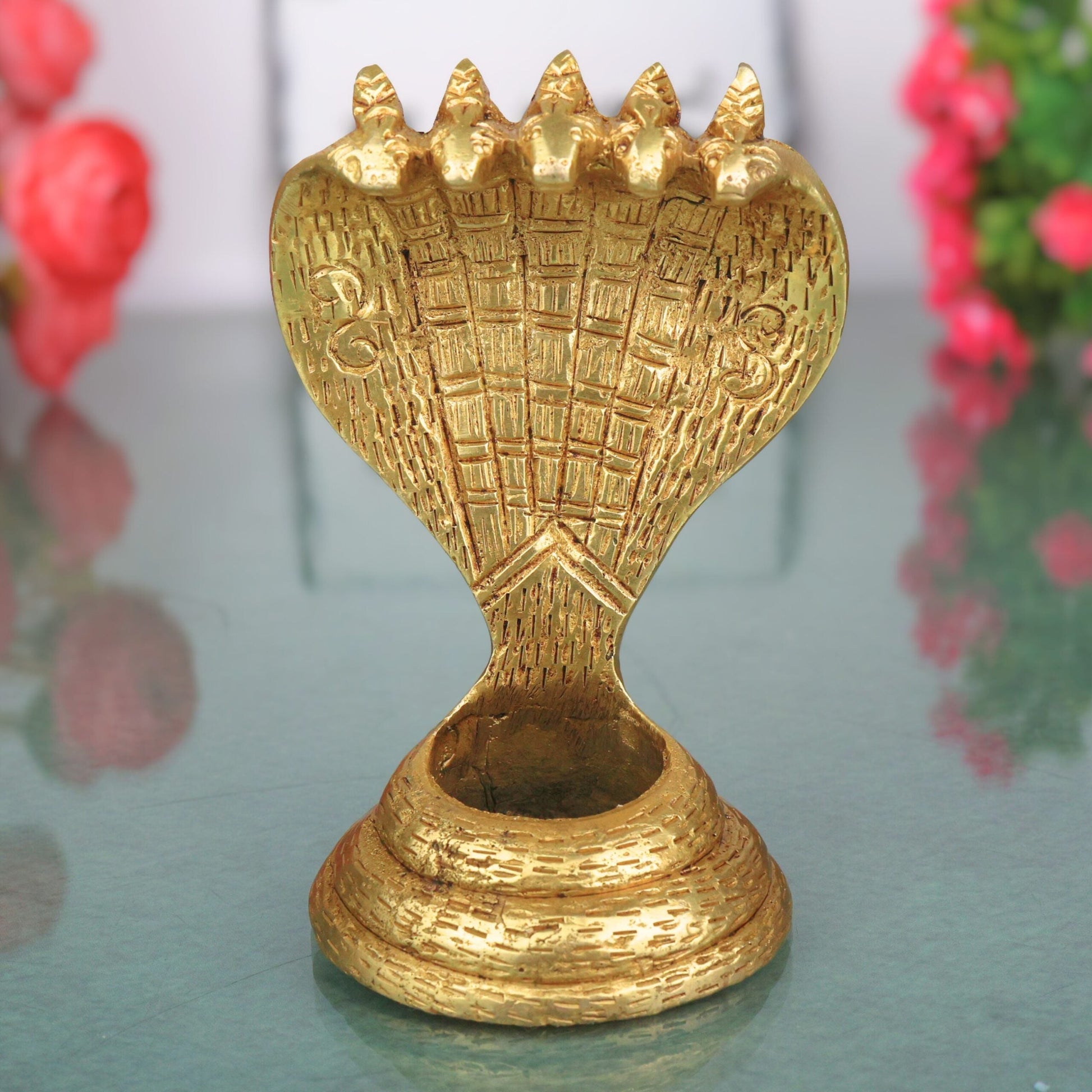 Brass Sheshnag Murti Adi Shesha Ananta Nag Vigraha Peetal Sarparaja Idol for Puja Mandir Decor, Gold, 4 Inch, 1 Piece