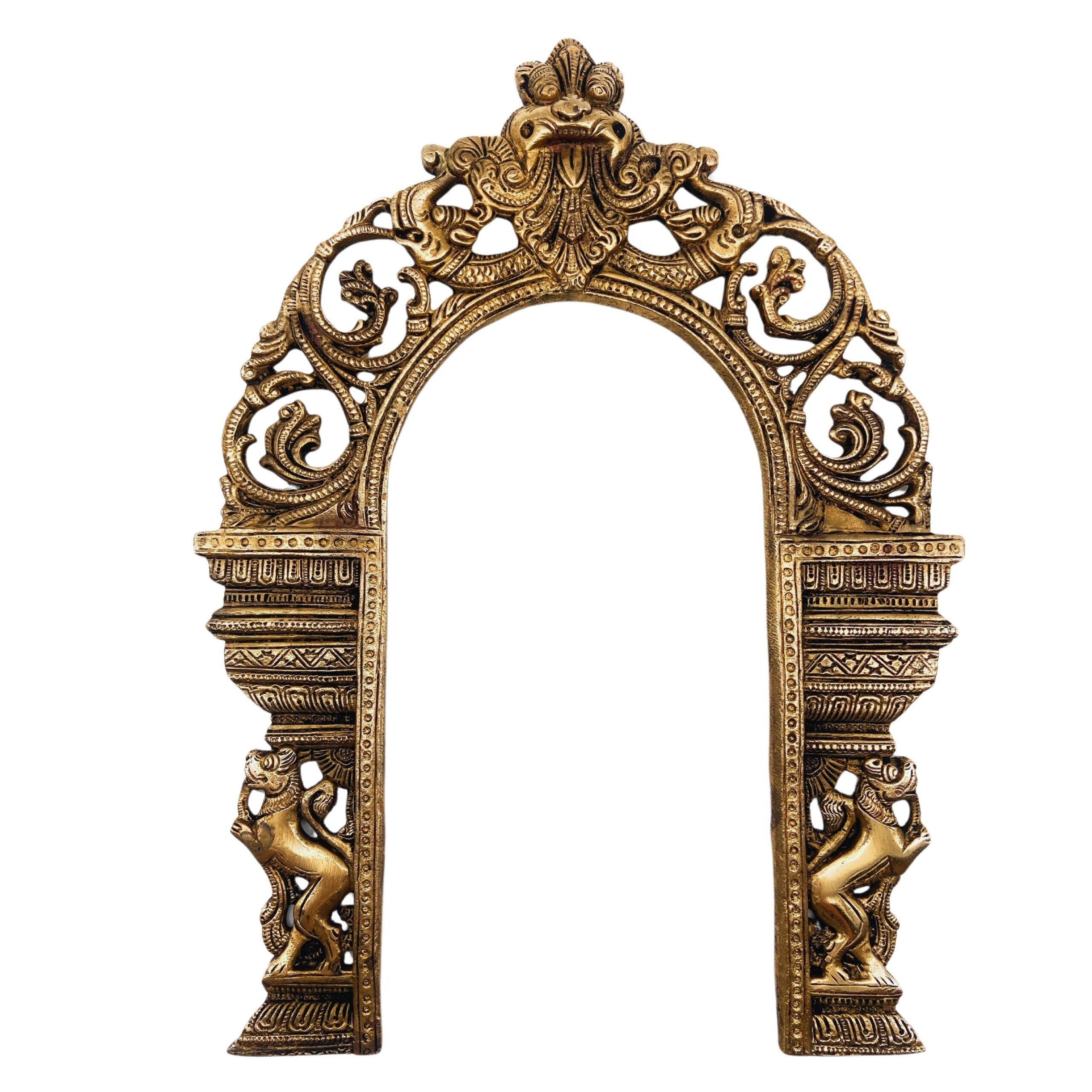 Bhunes Brass Prabhavali Arch Frame with Dual Yali – Wall Hanging Temple Backdrop | Traditional Prabhawali for Deity | Home Mandir Decor | Prabhaval for God Idol, Gold, 13 Inch, 1 Piece